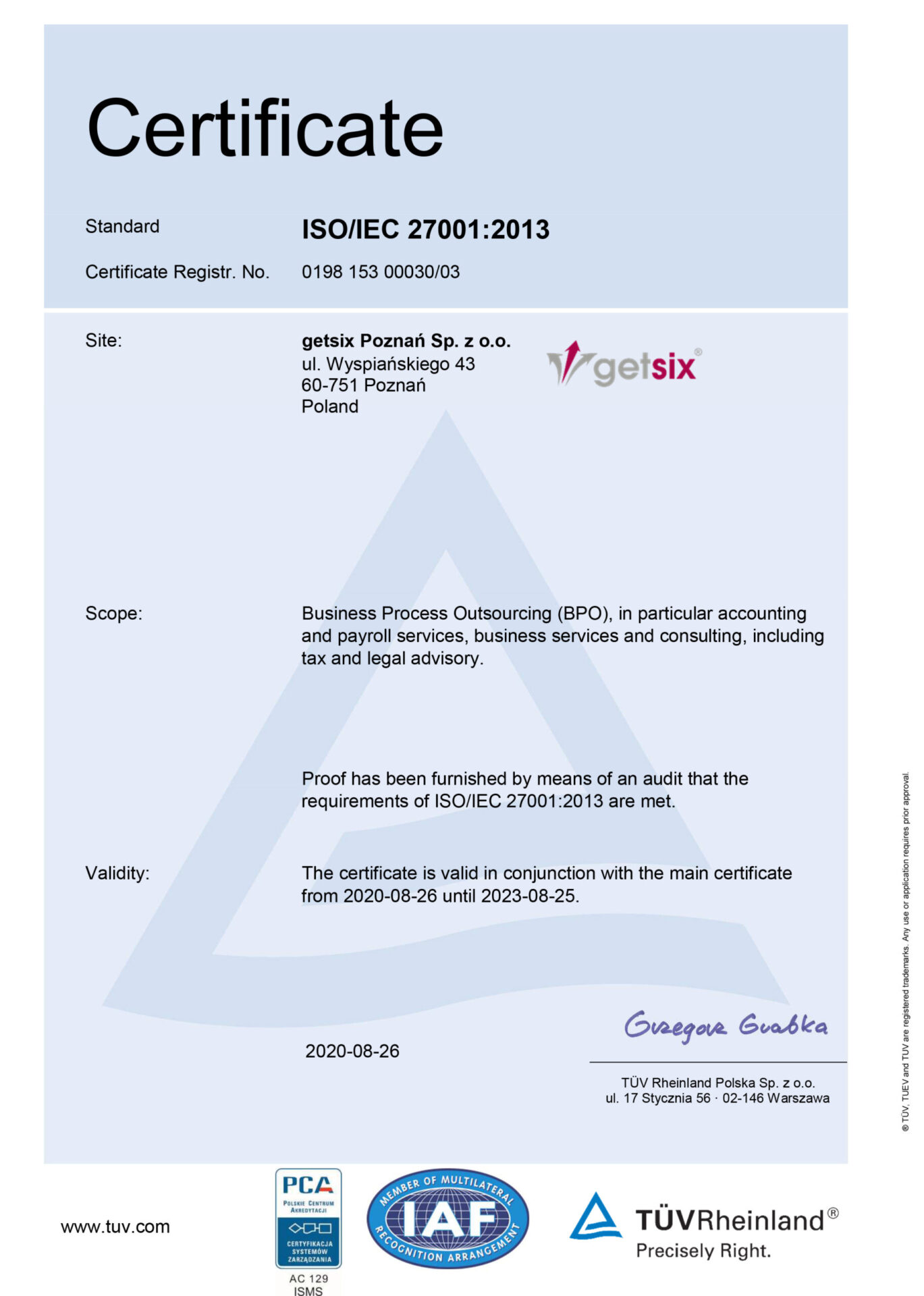 getsix Poznań ISO 27001 Certificate