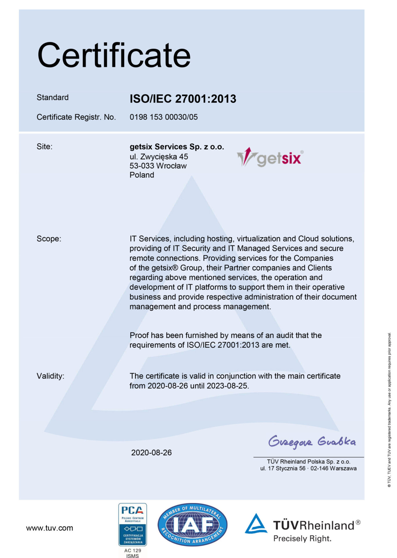 getsix Services ISO 27001 Certificate