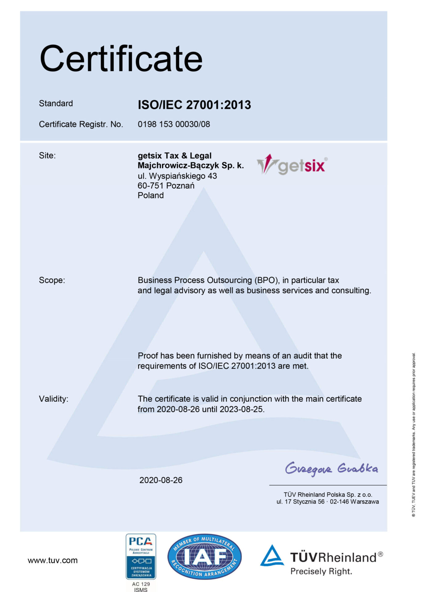 getsix Tax & Legal ISO 27001 Certificate