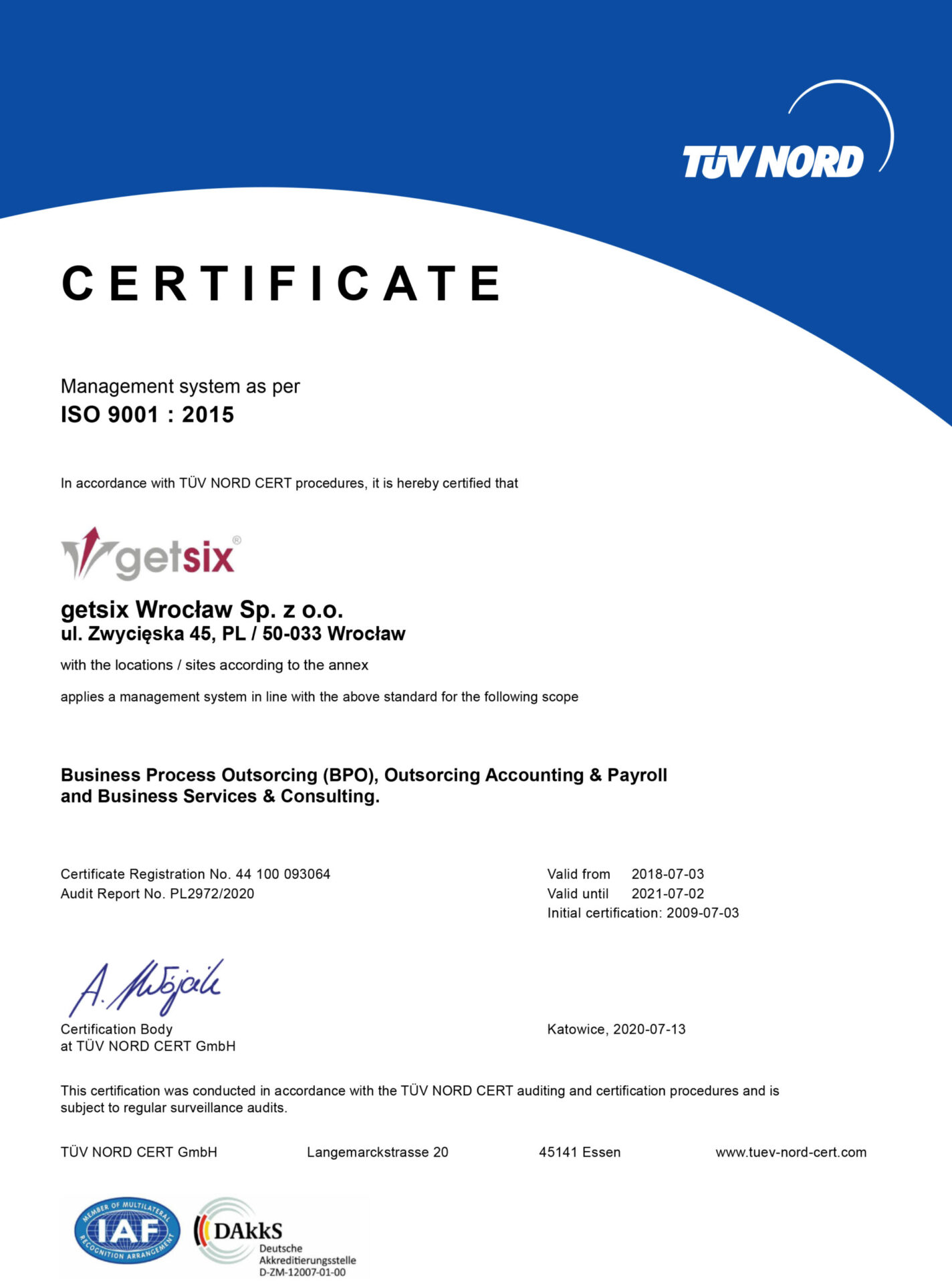 getsix Wrocław ISO 9001 Certificate